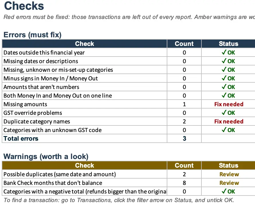 Bookkeeping Spreadsheet Checks 
