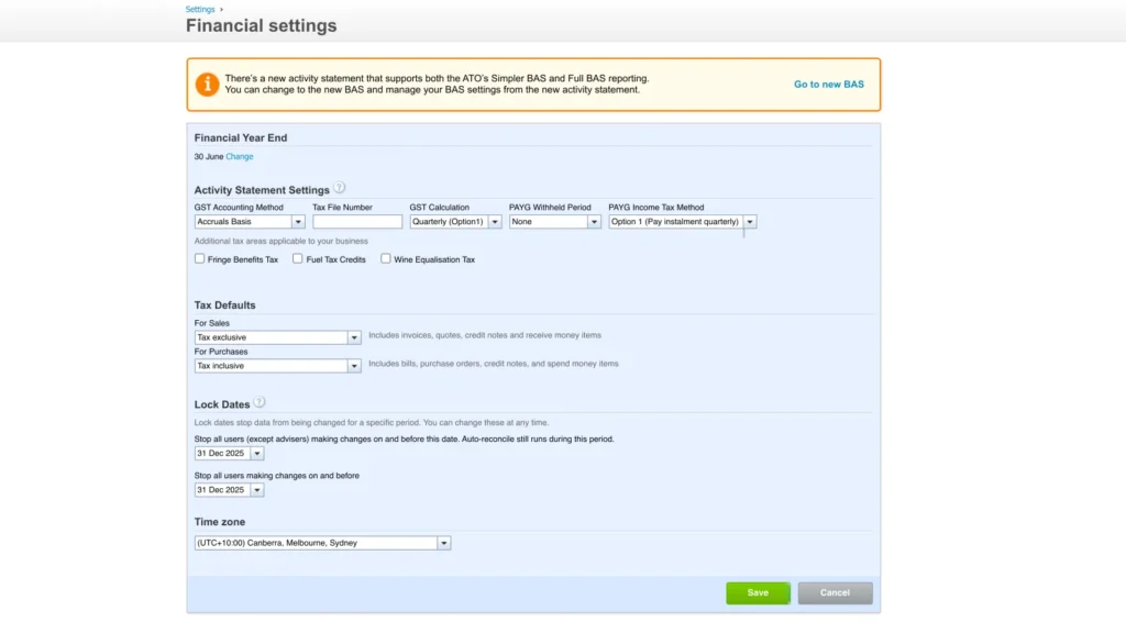Xero Lock Dates settings